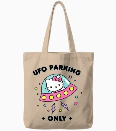 Hello Kitty Ufo Parking Only Area 51 Alien Spaceship Tote Bags - Natural