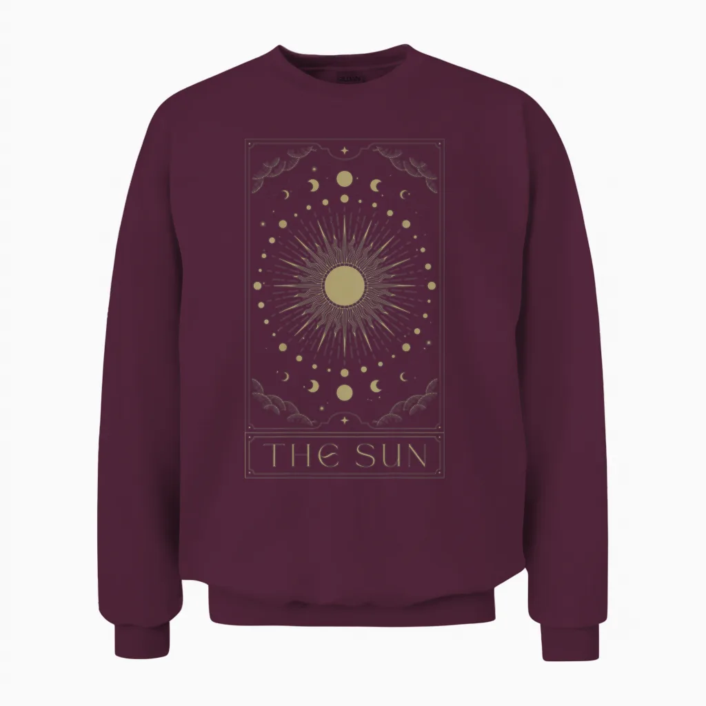 The Sun Tarot Sonne Tarotkarten Goth Witchcraft Back Print Unisex Sweatshirt in Maroon