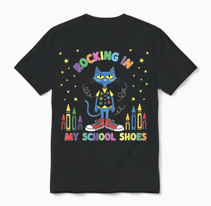 Cat Rocking in My School Shoes Funny Back to School Unisex T-Shirt in Black