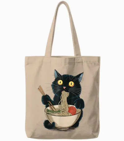 Funny Japanese Cat Eating Ramen Vintage Japanese Noodles Tote Bags - Natural