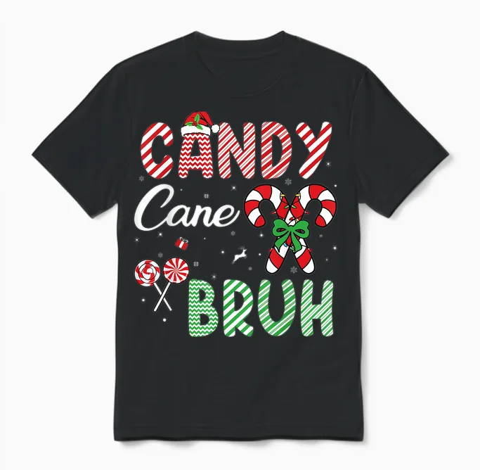 Candy Cane Bruh Funny Christmas Holiday Boys Unisex T-Shirt in Black