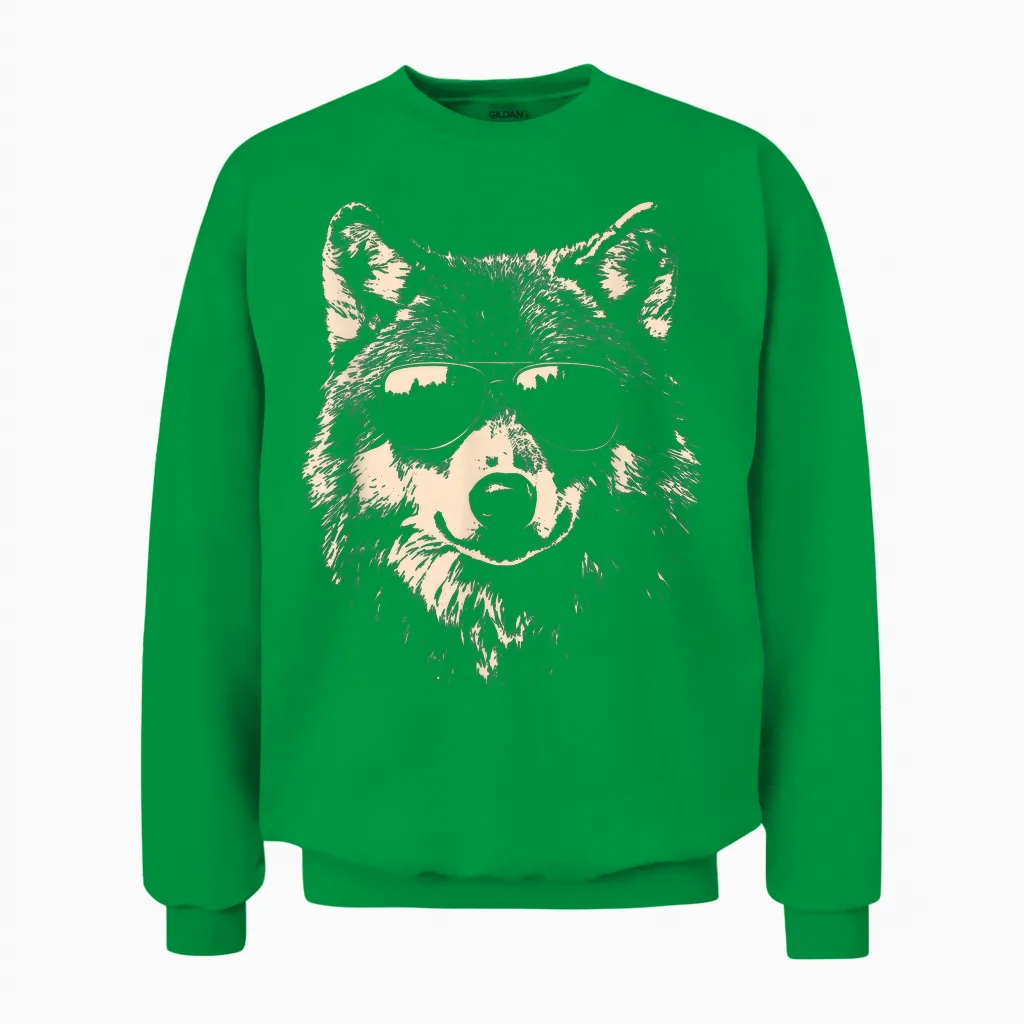 Funny Wolf Cool Rock and Roll Graphic Unisex Sweatshirt in Irish Green