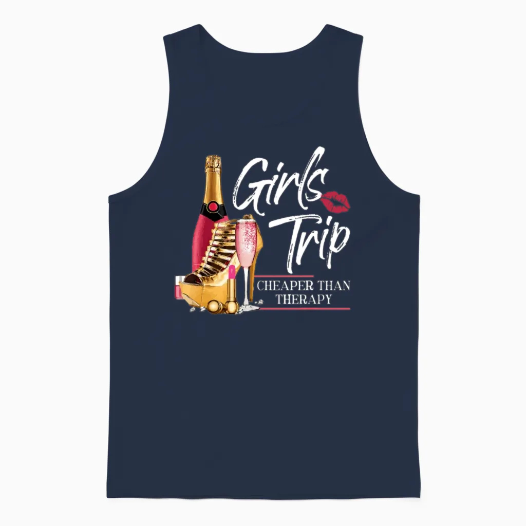 Girls Trip Cheaper Than a Therapy Funny Wine Party Unisex Tank Top in Navy