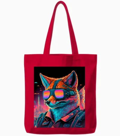 Retro Futuristic Synthwave Fox Tote Bags - Red
