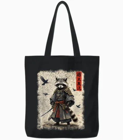 Samurai Raccoon, Japanese Warrior Art | Vintage Anime T-Shirt, Black, S Tote Bags - Black