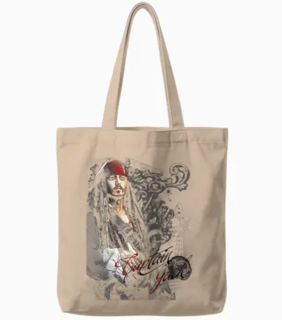 Disney Pirates of the Caribbean Captain Jack Ornate Poster T-Shirt, Black Tote Bags - Natural