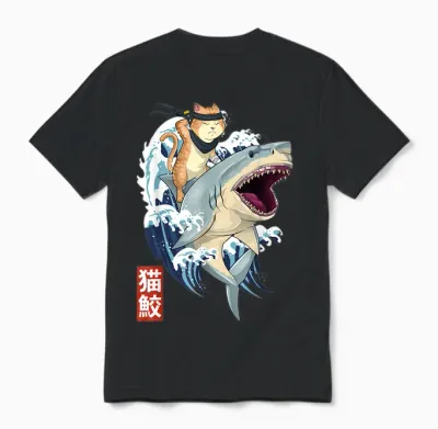 Samurai Cat Shirt - Retro Ninja Japanese Cat Shark Kanagawa Unisex T-Shirt - Black
