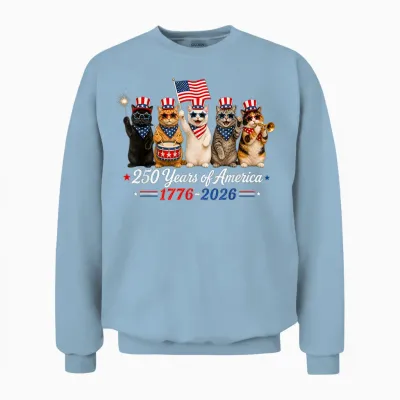 250 Years of America Cats Patriotic Cat 4th of July Cat Unisex Sweatshirt - Light Blue