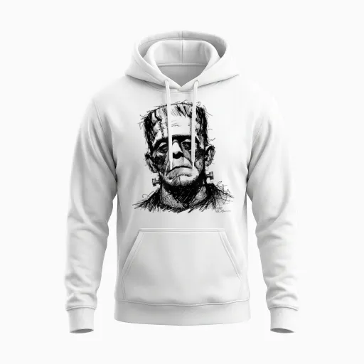 Frankenstein Monster Portrait Sketch Goth Horror Art T-Shirt, Grey, S Unisex Hoodie - White