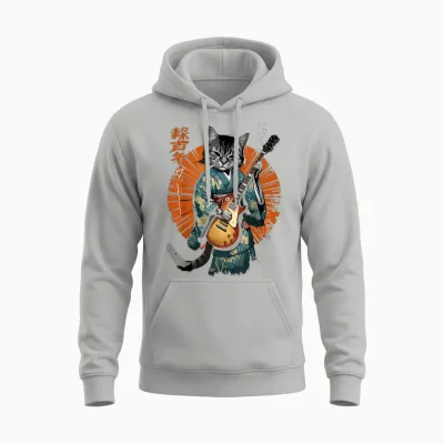 T-Shirt Graphique Amusant Avec Chat Jouant De La Guitare Pour Homme Et Femme Unisex Hoodie - Ash