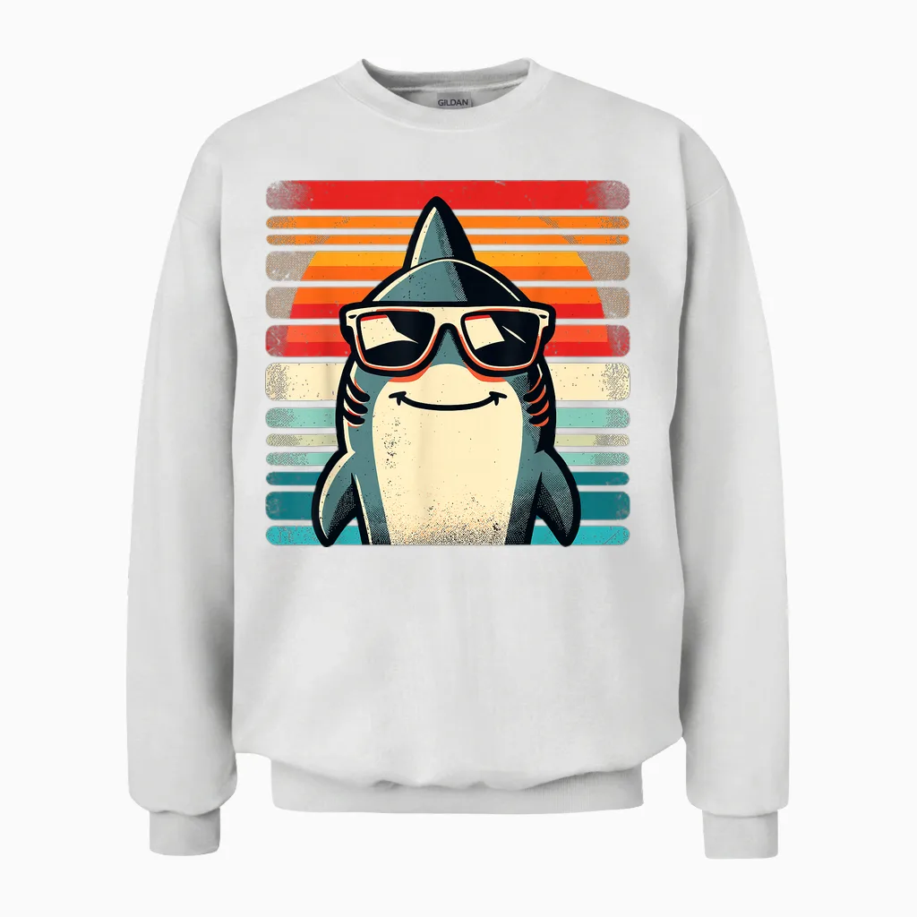 Cool Retro Shark in Sunglasses 70s 80s 90s Funny Shark T-Shirt, Black Unisex Sweatshirt in White