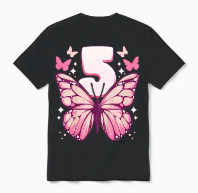 Geburtstag Mädchen 5 Jahre, Schmetterlinge Und Nummer 5 Unisex T-Shirt - Black