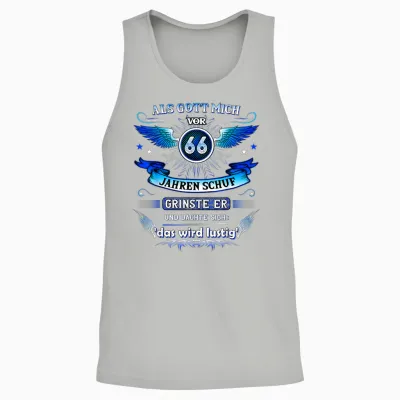 66th Birthday T-Shirt with German Text "als Gott Mich Vor 66 Jahre Schuf Grinste Er 66th, Black Unisex Tank Top - Ash