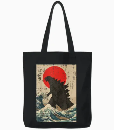 Japanese Kaiju Wave Red Sun Japan Monster Men Women Tote Bags - Black