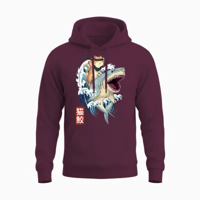 Samurai Cat Shirt - Retro Ninja Japanese Cat Shark Kanagawa Unisex Hoodie - Maroon