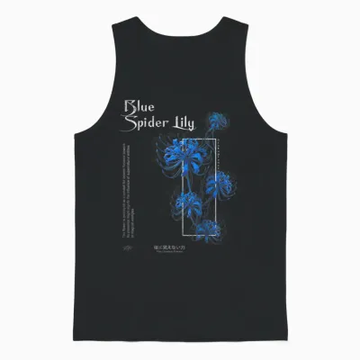 Japanese Blue Spider Lily in Anime Soft Grunge Aesthetic T-Shirt, Black Unisex Tank Top - Black
