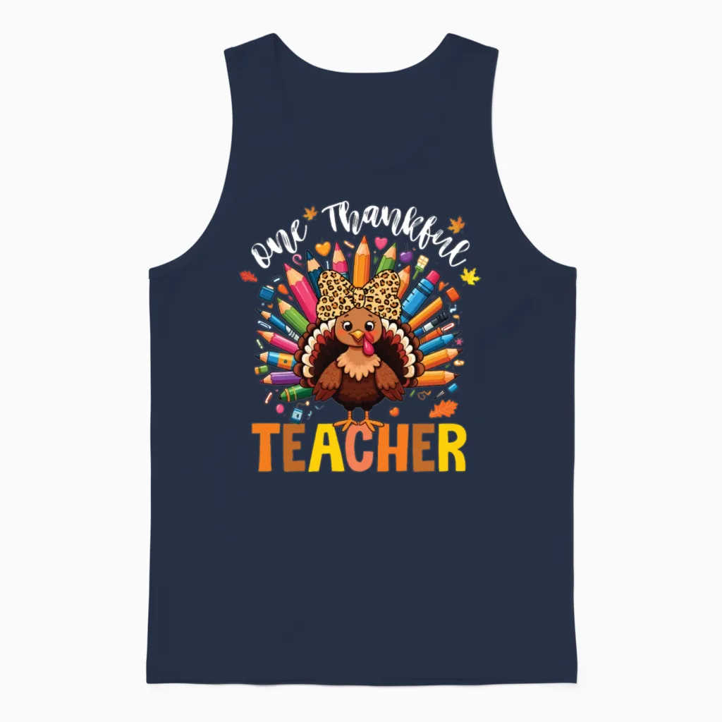 One Thankful Teacher Thanksgiving Turkey Cute Unisex Tank Top in Navy