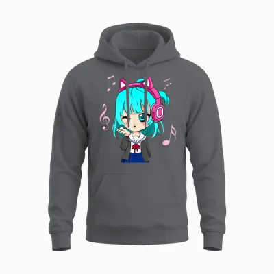Anime and Music Girl for Teen Chibi Graphic Anime Girl T-Shirt Small Unisex Hoodie - Charcoal