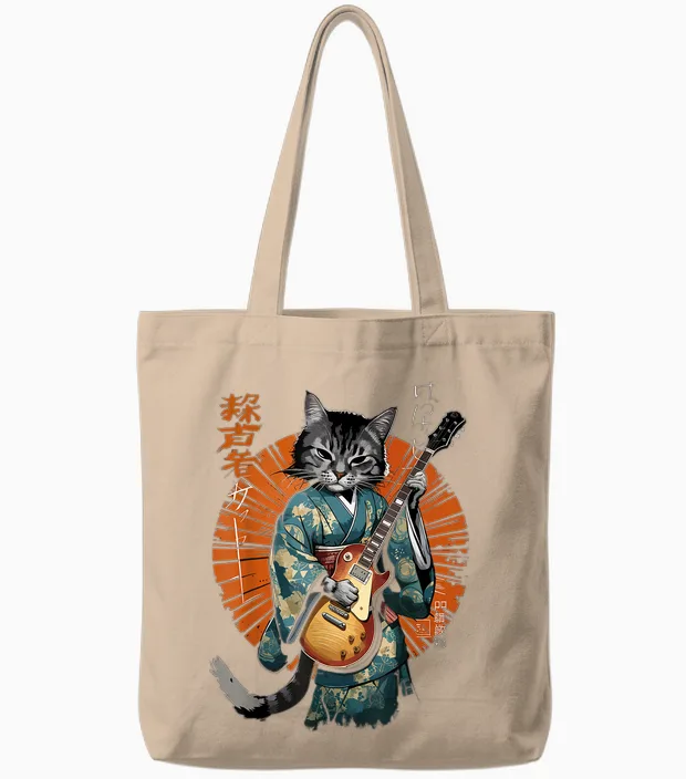 T-Shirt Graphique Amusant Avec Chat Jouant De La Guitare Pour Homme Et Femme Tote Bags in Natural