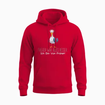 Funny Cute Seagull T-Shirt with German Text "früher War Alles Besser Ich Bin Von Früher" [german, Black Unisex Hoodie - Red