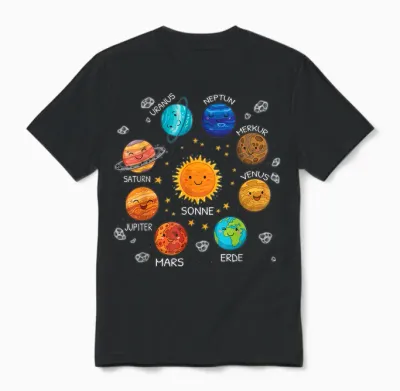 Sonnen System Mit Jupiter Pluto Und Mars - Klassisches, Wissenschaftliches T-Shirt Mit V-Ausschnitt Und Kurzarm - Unisex, Schwarz, S Unisex T-Shirt - Black