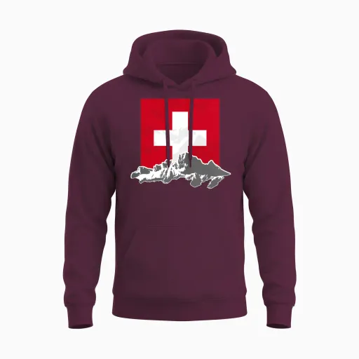 Switzerland - Swiss Flag & Mountains Unisex Hoodie in Maroon