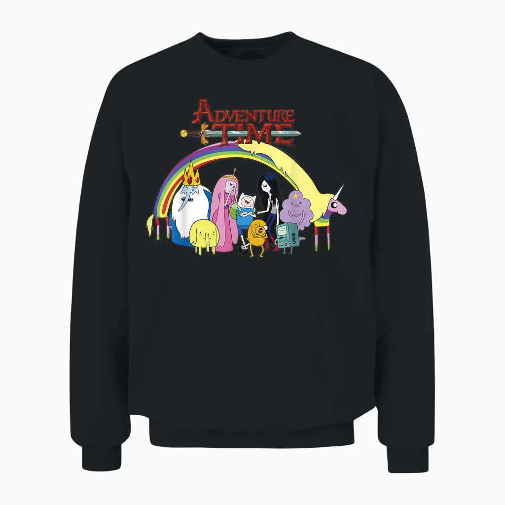 Adventure Time Classic Rainbow Unicorn Group Shot Unisex Sweatshirt in Black