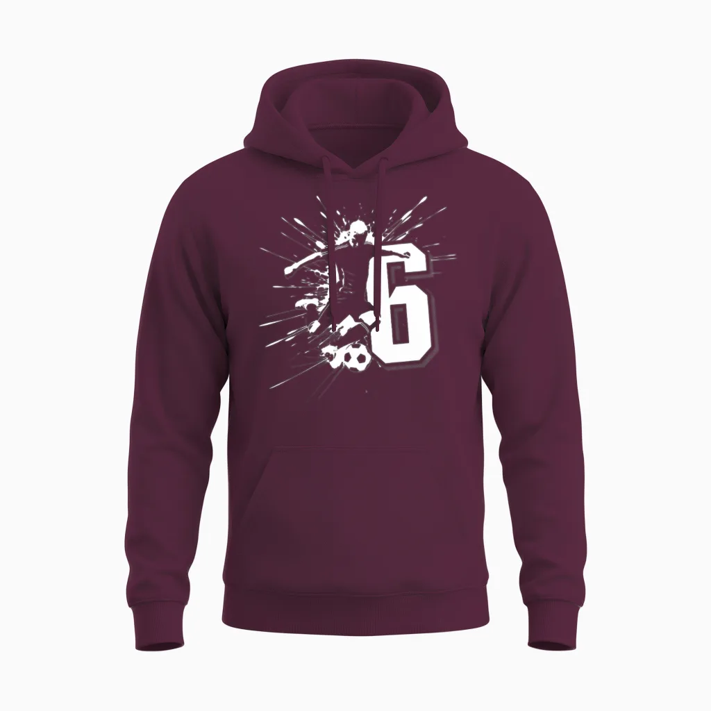 6th Birthday 6 Years Soccer Football Player Unisex Hoodie in Maroon