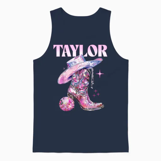 Taylor Outfit Disco Pink Cowgirl Shirt Women's Teen Girls Name T-Shirt, Black Unisex Tank Top in Navy