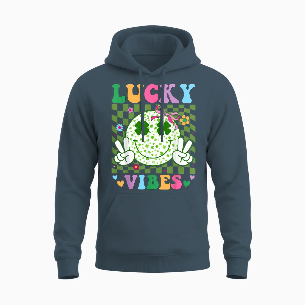 Groovy St Patricks Day Lucky Vibes Shamrock Women Girls Unisex Hoodie in Dark Heather