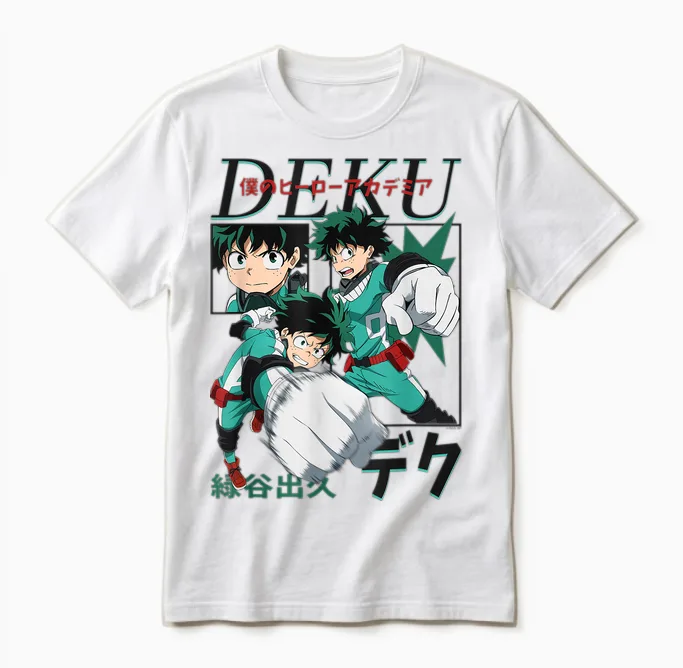 My Hero Academia Deku Action Poses Collage with Kanji Anime Unisex T-Shirt in White