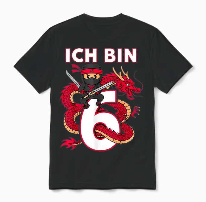 Cool Ninja Birthday for Boys with Dragon 6 Years Unisex T-Shirt in Black