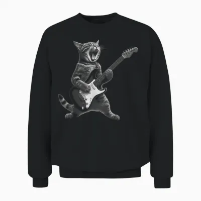 Funny Cat Playing Guitar Rock and Roll Gifts Men Women Kid Unisex Sweatshirt - Black