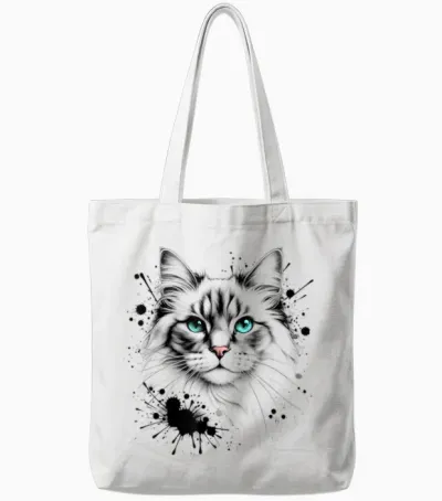 Artistic Cat with Turquoise Eyes and Paint Splash Tote Bags - White