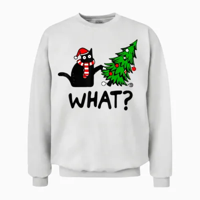 Funny Black Cat Gift Pushing Christmas Tree Over Cat What? T-Shirt Small Unisex Sweatshirt - White