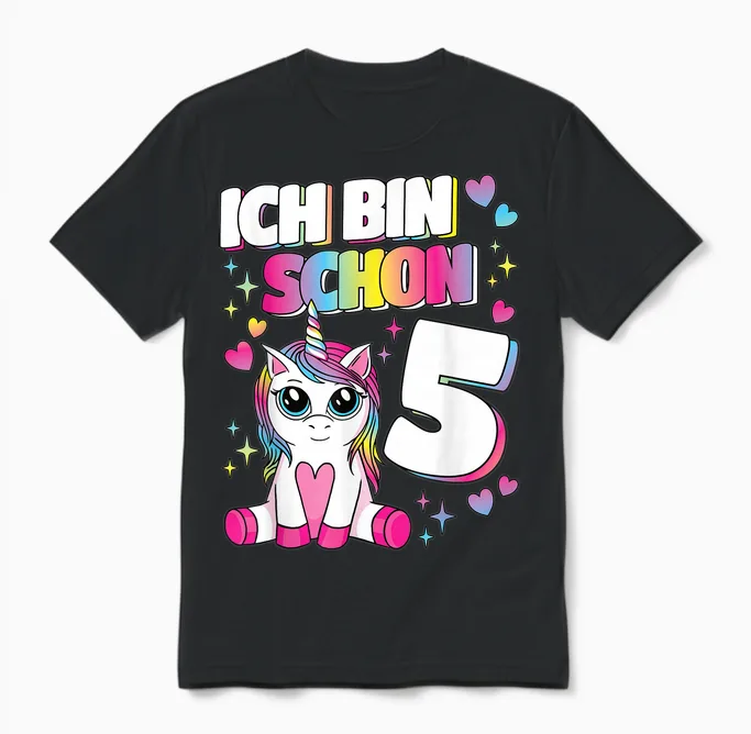 Ich Bin Schon 5 Unicorn 5th Birthday 5 Years Girls' T-Shirt, Black Unisex T-Shirt in Black