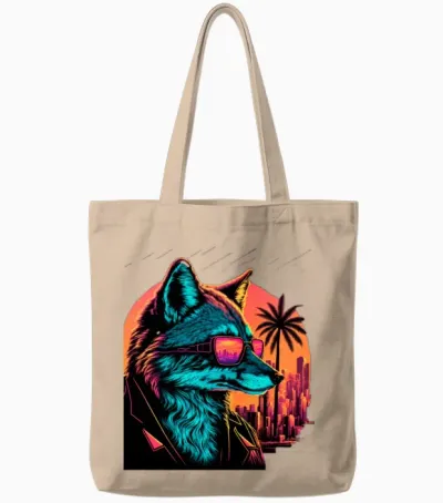 Retro Futuristic Synthwave Fox Tote Bags - Natural