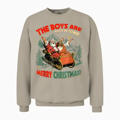 Funny Jesus Santa the Boys Are Back in Town Merry Christmas Unisex Sweatshirt - Sand