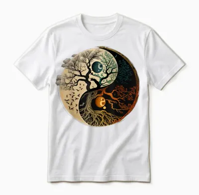 Spiritual Yin Yang Buddhist Tree of Life T-Shirt, Black Unisex T-Shirt - White