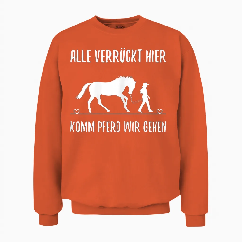 Women's T-Shirt with German Text "alle Vrazy Hier Komm Pferd Wir Going Reiter" [alle Verrückt, Black, S Unisex Sweatshirt in Orange