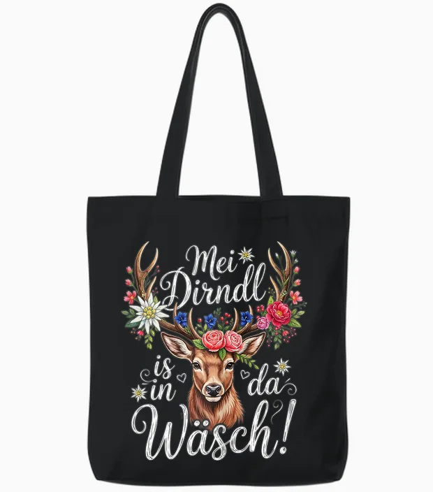 Mei Dirndl Is in Da Wäsch Trachtenshirt Damen Trachten Tote Bags in Black