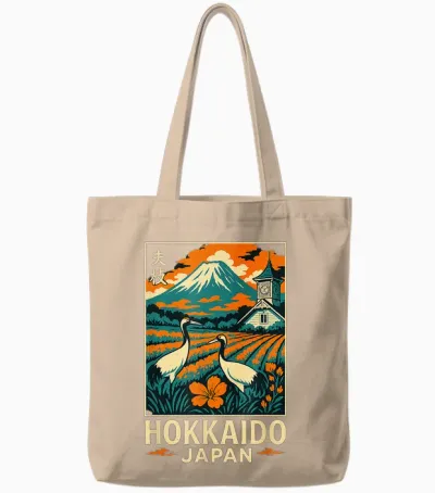 Hokkaido Japan Vintage Travel Mountain Cranes Art Tote Bags - Natural