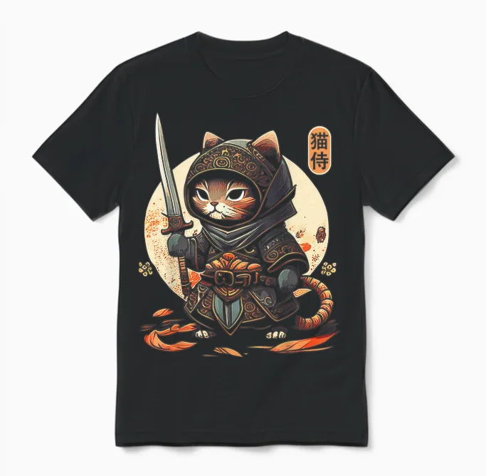 Japanese Samurai Cat Tattoo Kawaii Ninja Cat Unisex T-Shirt in Black
