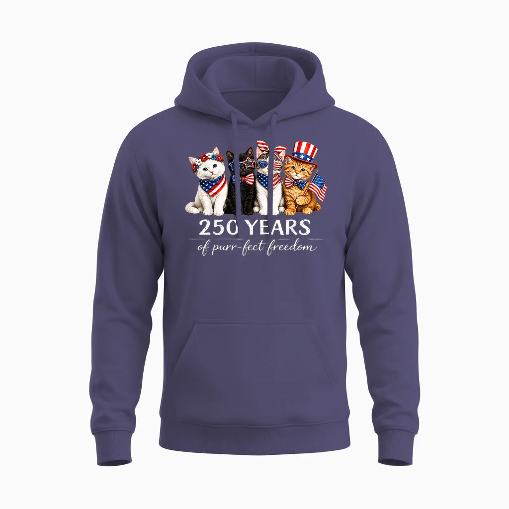 250 Years of America Cats Patriotic Cat Lover Unisex Hoodie in Heather Sport Dark Navy