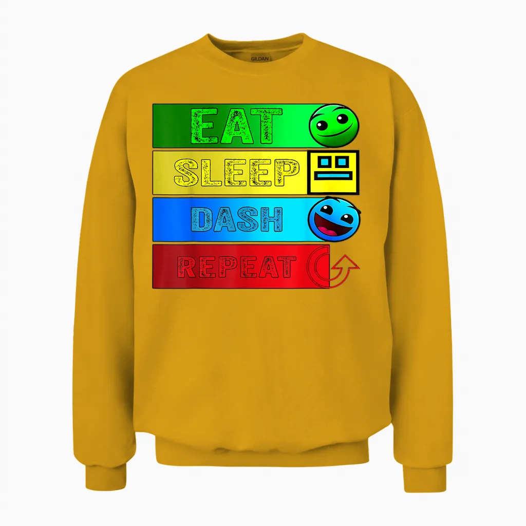 Eat Sleep Dash Repeat Video Game Geometry Video Gamer T-Shirt, Black Unisex Sweatshirt in Gold