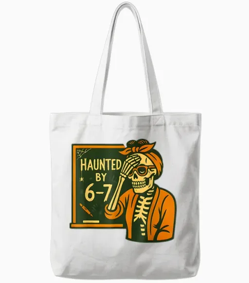 Haunted by 6 7 Funny Teacher 67 Halloween Skeleton Six Seven Tote Bags - White
