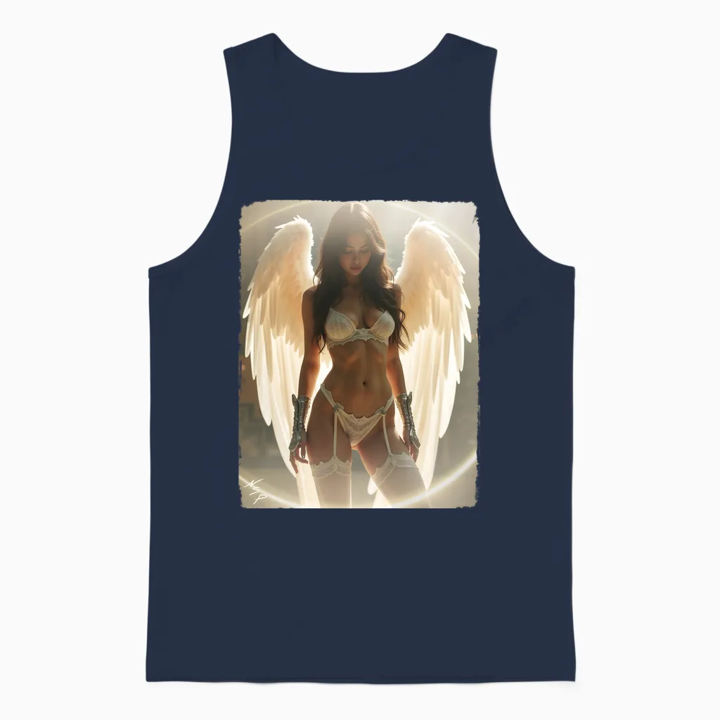 Sexy Brunette Angel Pinup Girl Long Sleeve Print Unisex Tank Top in Navy