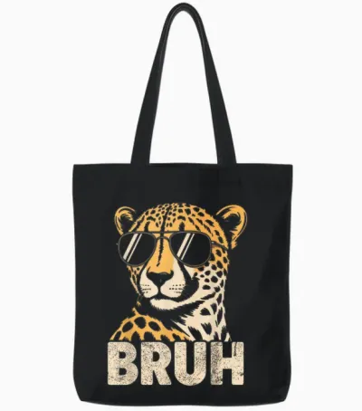 Bruh Cheetah Meme Graphic Tee Men Boys Animal Print Tote Bags - Black