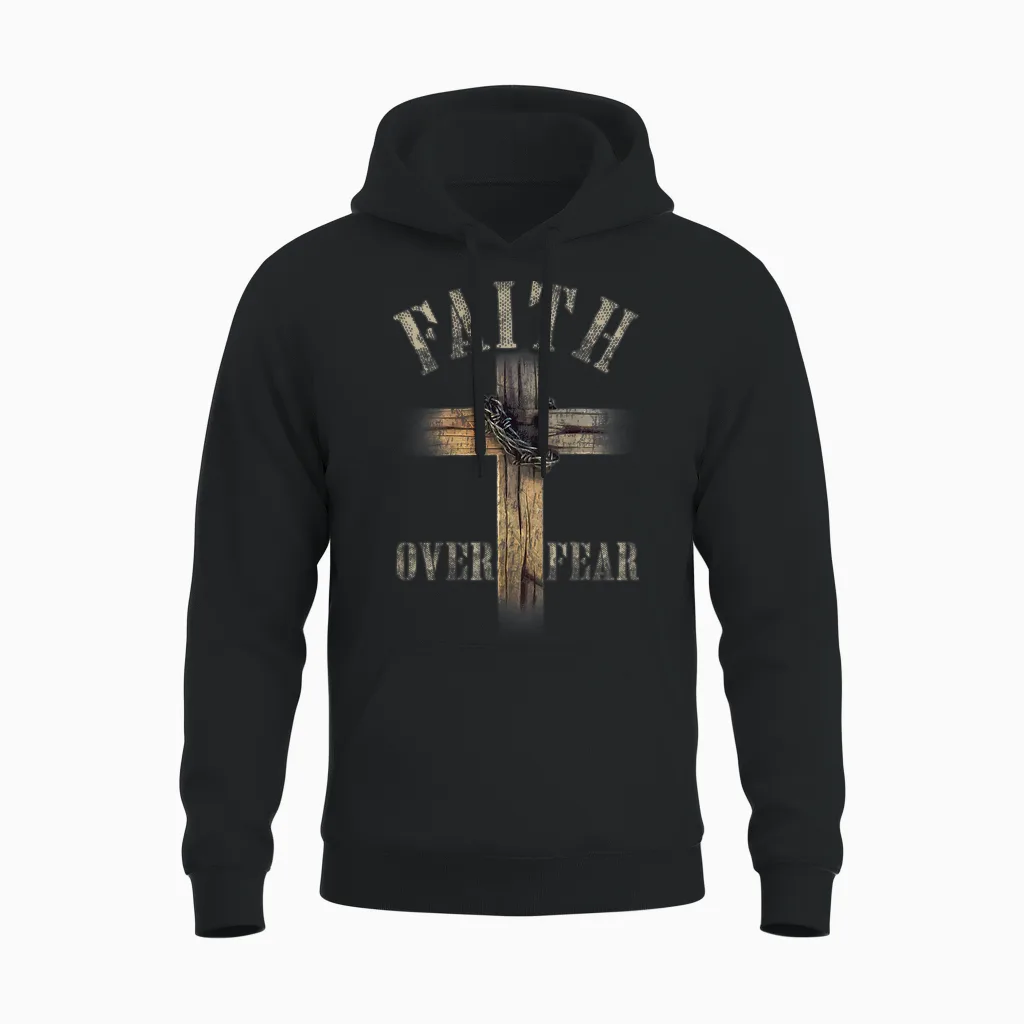 Faith Over Fear American Christian Cross God Jesus (on Back) Unisex Hoodie in Black