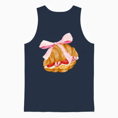 Strawberry Croissant with Pink Bow and Flirtatious T-Shirt, White, S Unisex Tank Top - Navy